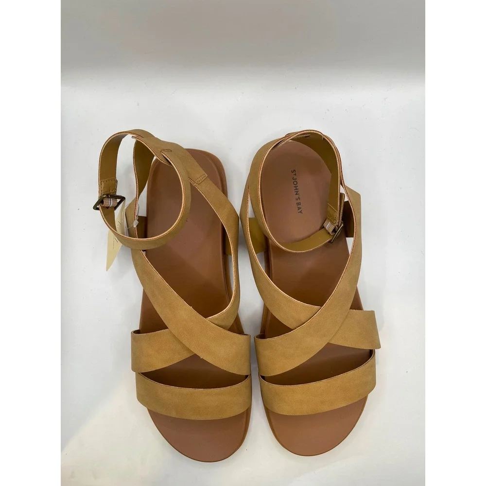 St Johns Bay Esposito Tan Strappy Flat Sandals Womens 12W Wide Width New